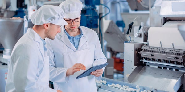 food plant employees on a tablet